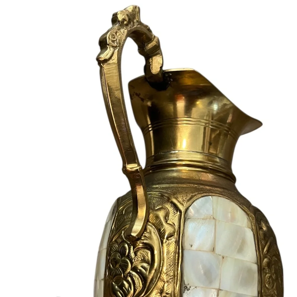 Set‎ Of 2 Vintage MCM Lacquered Brass & Mother of Pearl Inlay Vase Urn & Pitcher